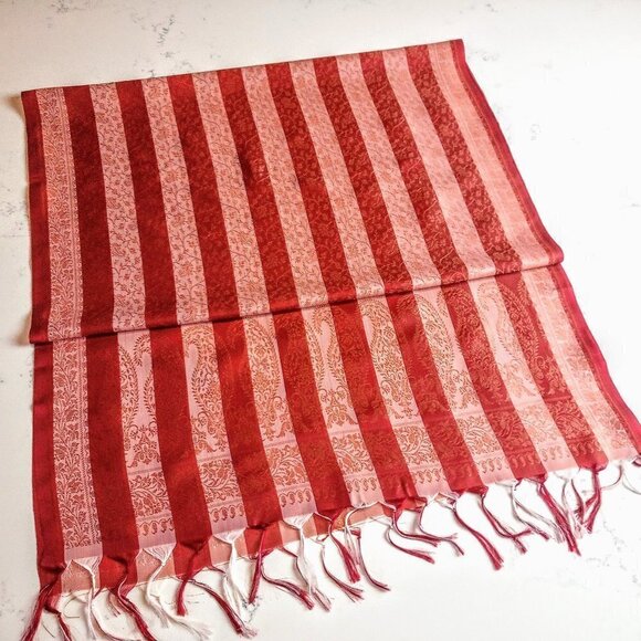 Handmade Moroccan Red Stripe Silk Jacquard Fringed Scarf Wrap - Picture 1 of 5